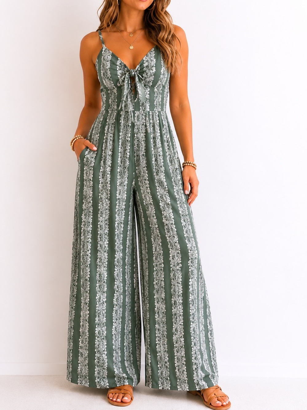 Su Wish Green Paisley Jumpsuit Womens XL Boho Wide Leg Tie Front